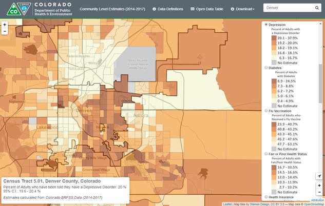 The CDPHE Community Level Estimates Dataset provides health condition and risk behavior estimates for smaller geographies than traditional surveillance systems report.